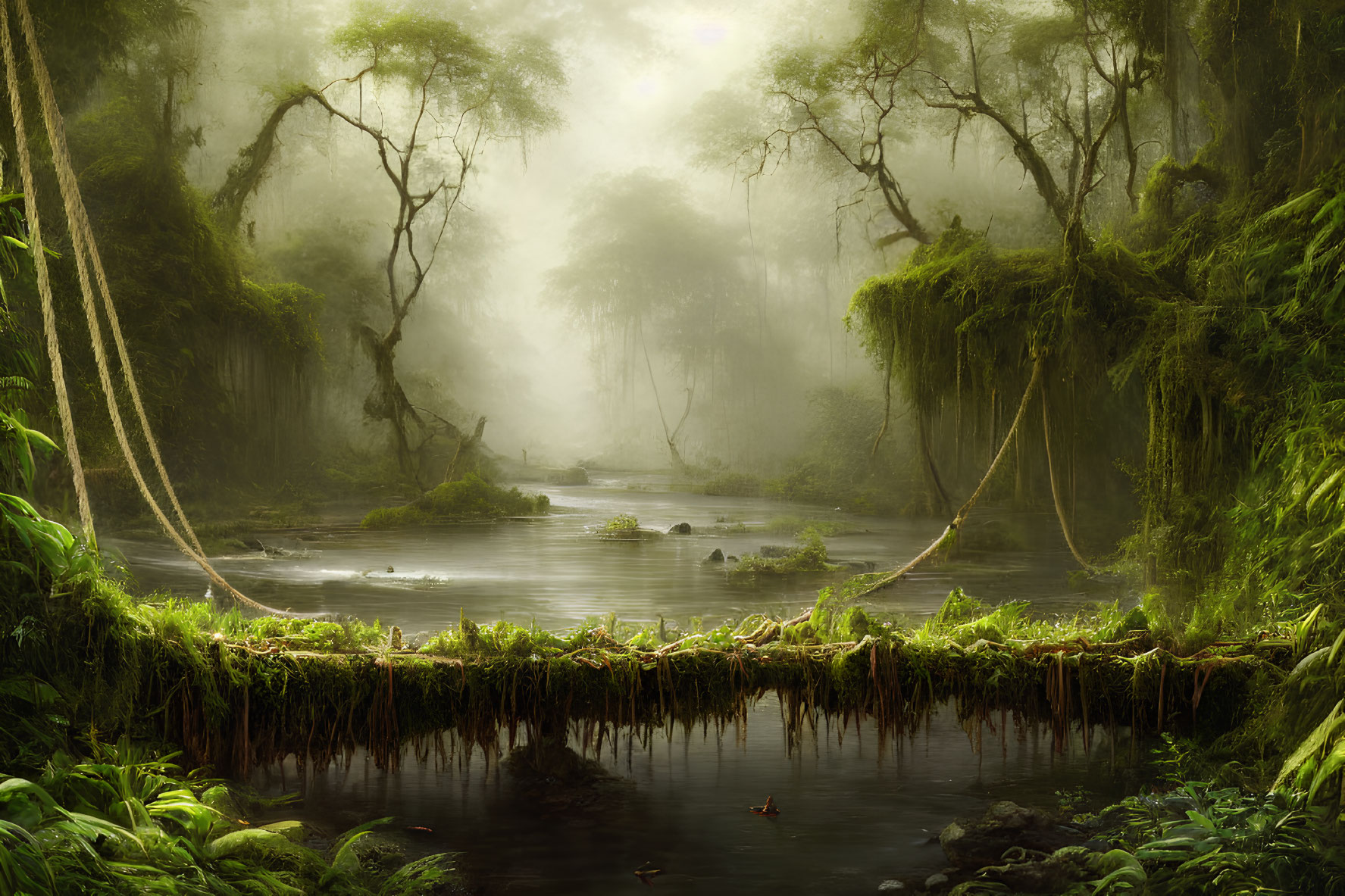 Lush Green Jungle Scene with Tranquil River