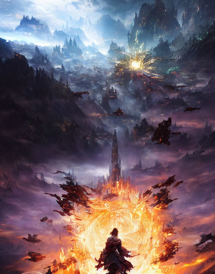 Fantasy landscape with lone figure and fiery portal