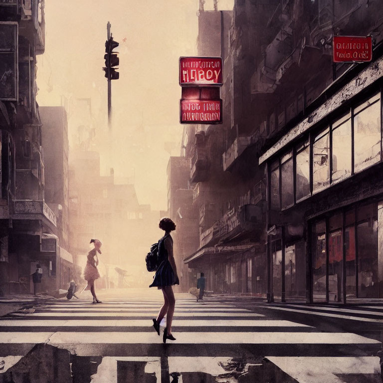 Girl with umbrella in foggy dystopian cityscape with neon signs