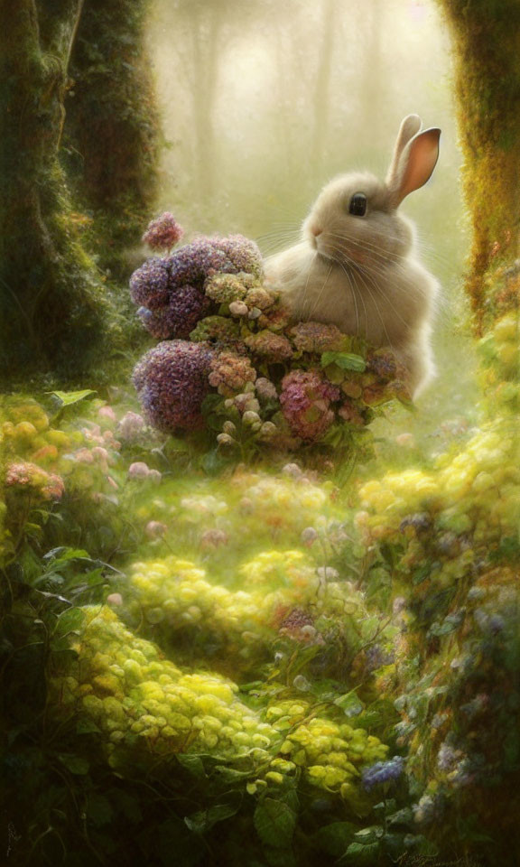 Fluffy rabbit in vibrant hydrangea bushes in sunlit forest