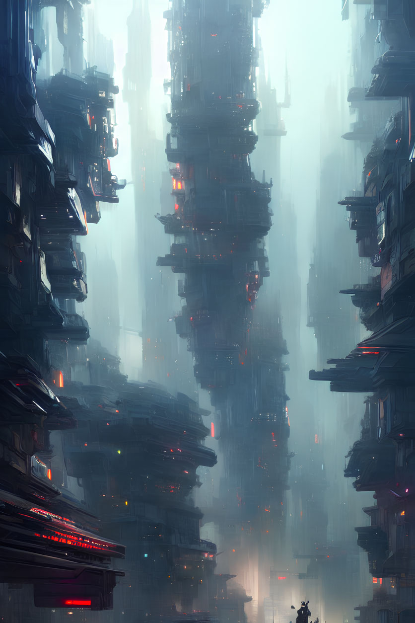 Futuristic cityscape with towering structures and red lights, featuring a lone figure.