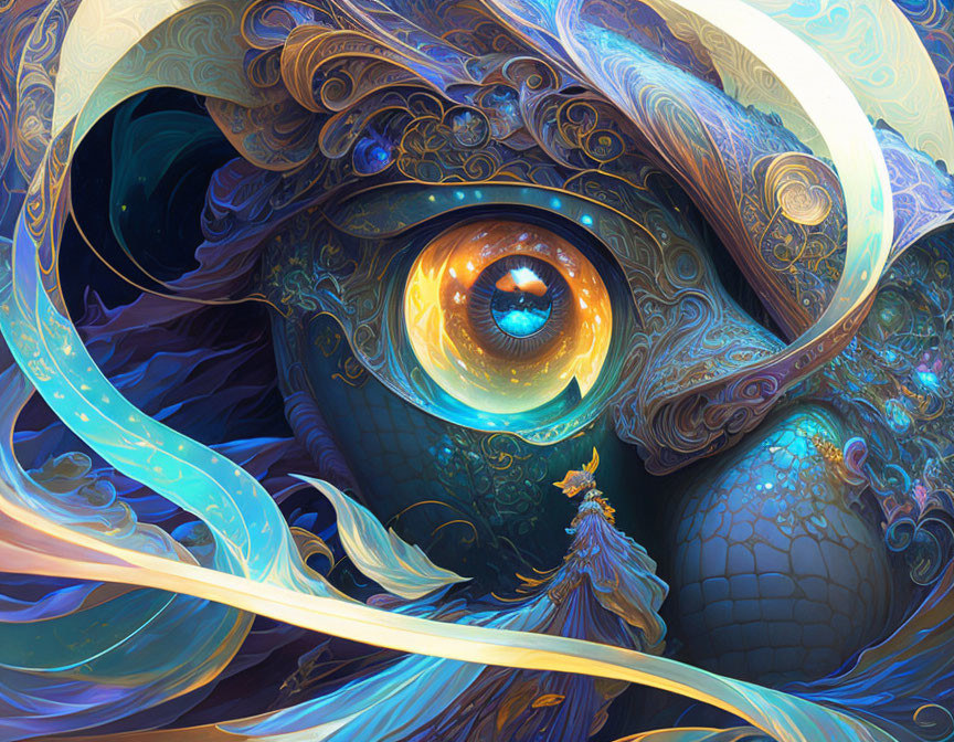 Detailed Blue and Gold Eye Illustration with Ornate Patterns