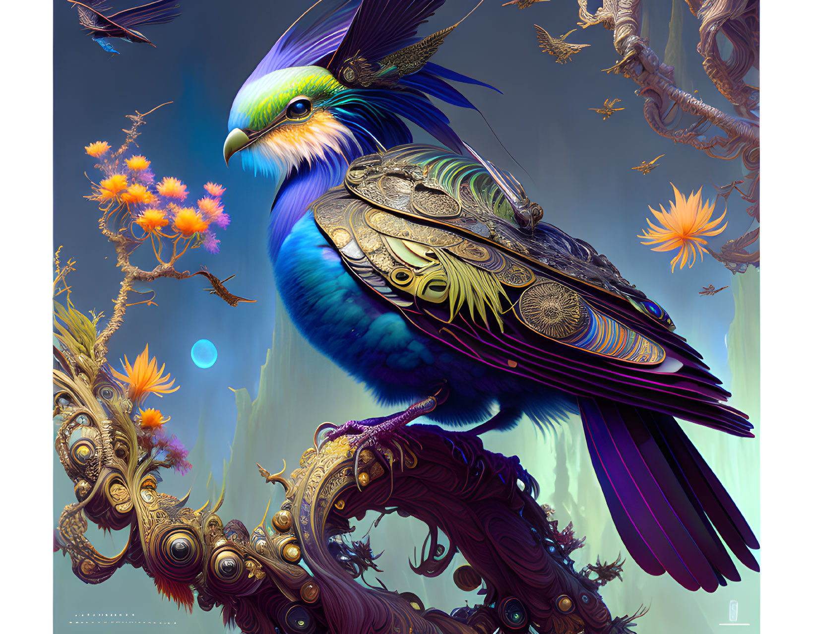 Colorful fantasy bird with metallic feathers perched on whimsical branch under pastel sky