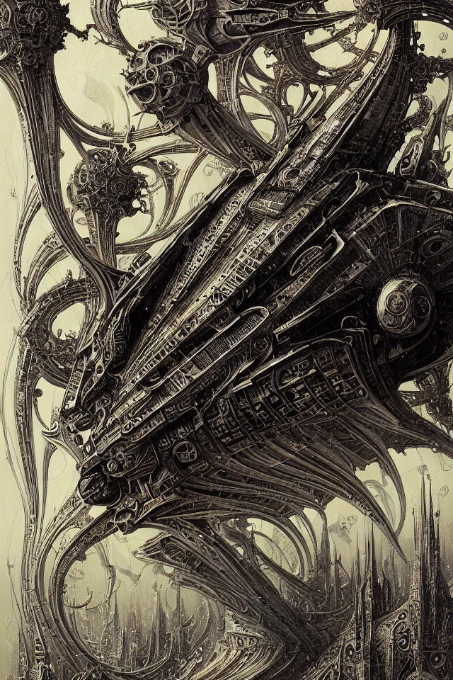 Steampunk-style mechanical illustration with gears, pipes, and ornate metalwork