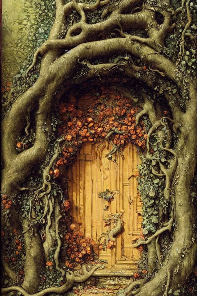 Detailed illustration of wooden door surrounded by tree roots and branches.
