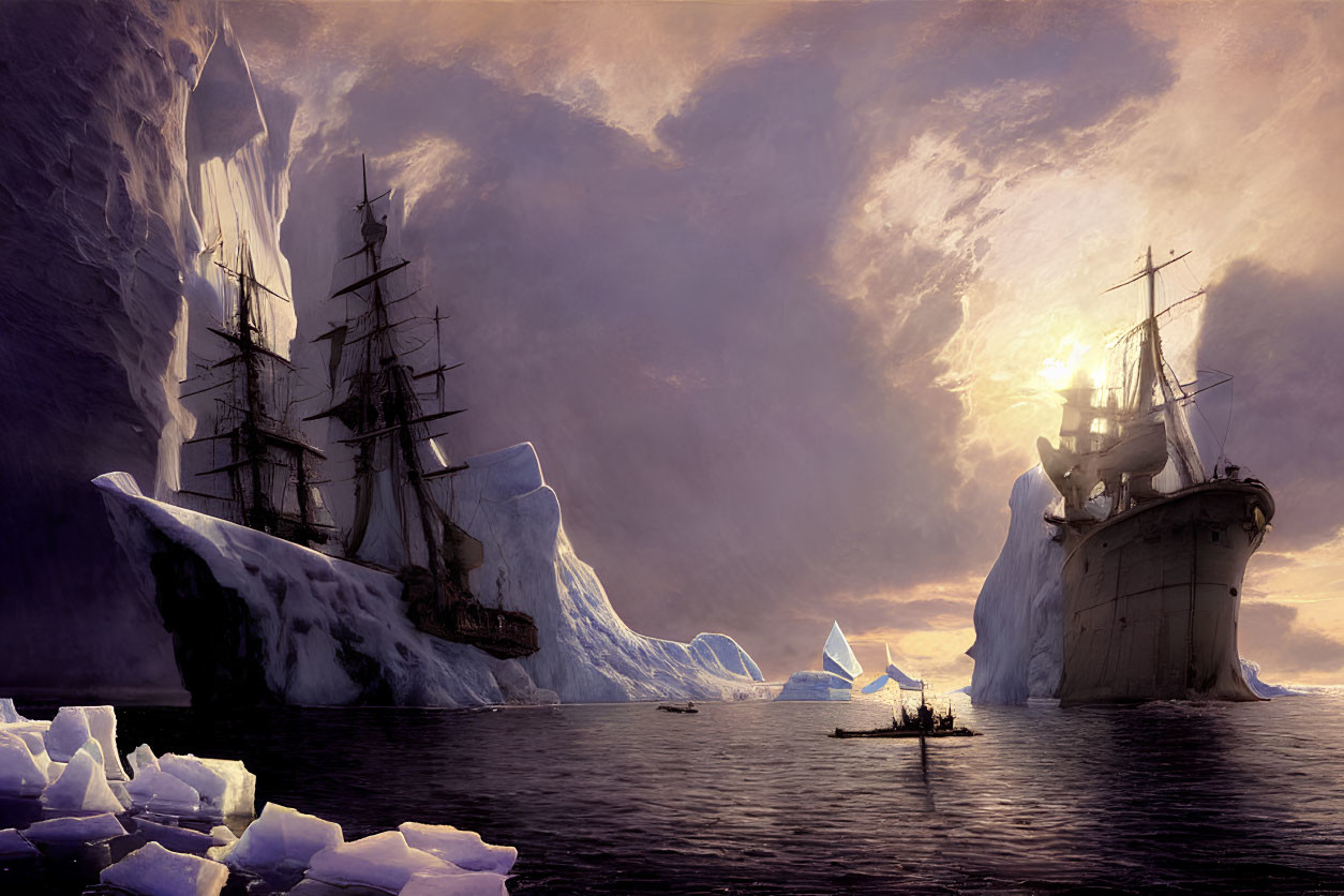 Sailing ships in icy waters under purple sunset sky