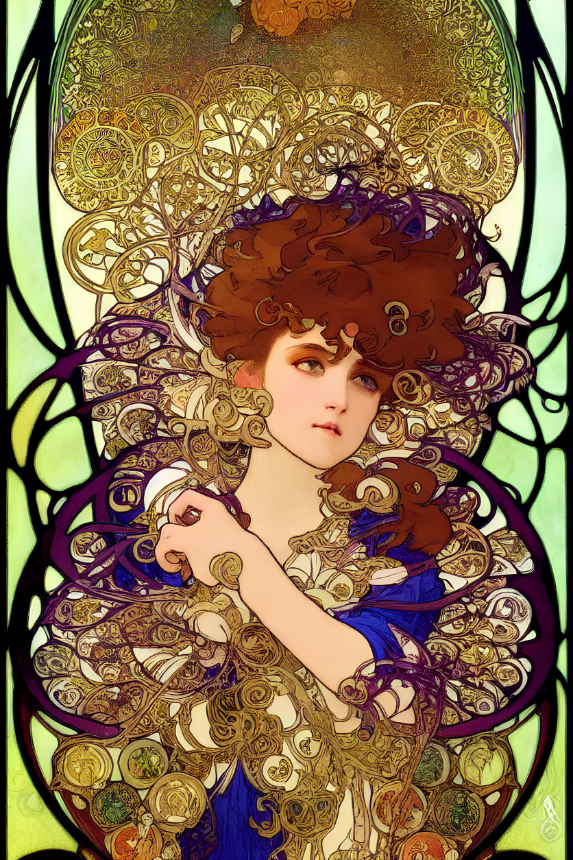 Woman with voluminous curly hair in Art Nouveau style illustration