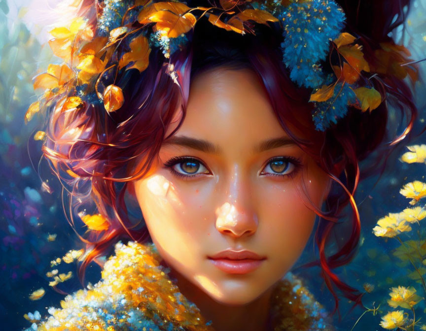Digital artwork of woman with floral crown and captivating eyes in yellow flower backdrop