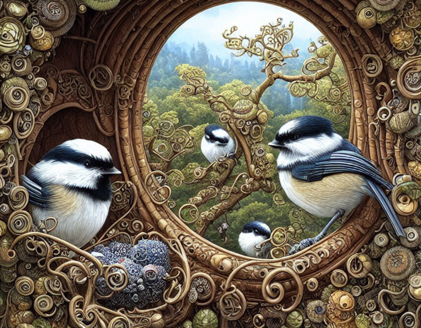 Whimsical illustration of four chickadees on branches in circular wood frame