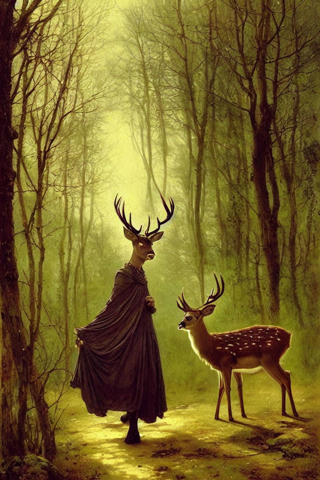 Mystical forest scene with figure in cape and deer under soft light