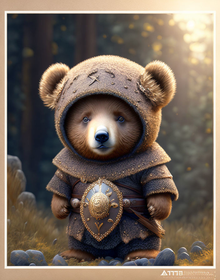 Medieval armor-clad bear with shield in enchanted forest setting