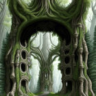 Enchanting forest with ancient ruins and towering trees