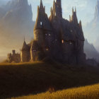 Gothic castle at twilight with spires, arched bridge, and mystical landscape.