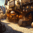 Cobblestone street scene at dusk with vintage stalls and warmly lit street lamps