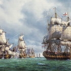 Historic naval battle scene with tall ships in tumultuous seas