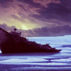 Ornate ships trapped in icy waters under a dusky purple sky
