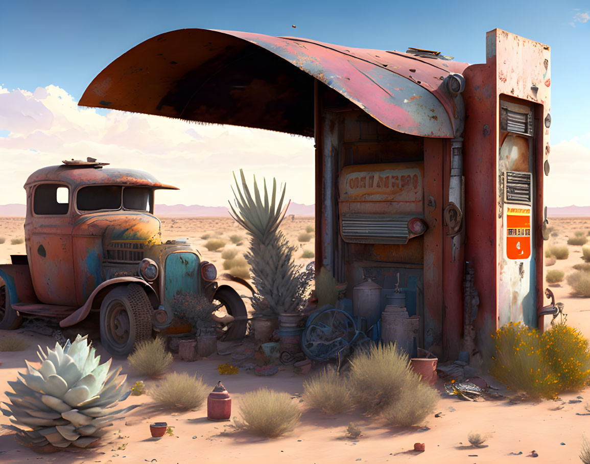 Vintage car and gas pump under desert sky.