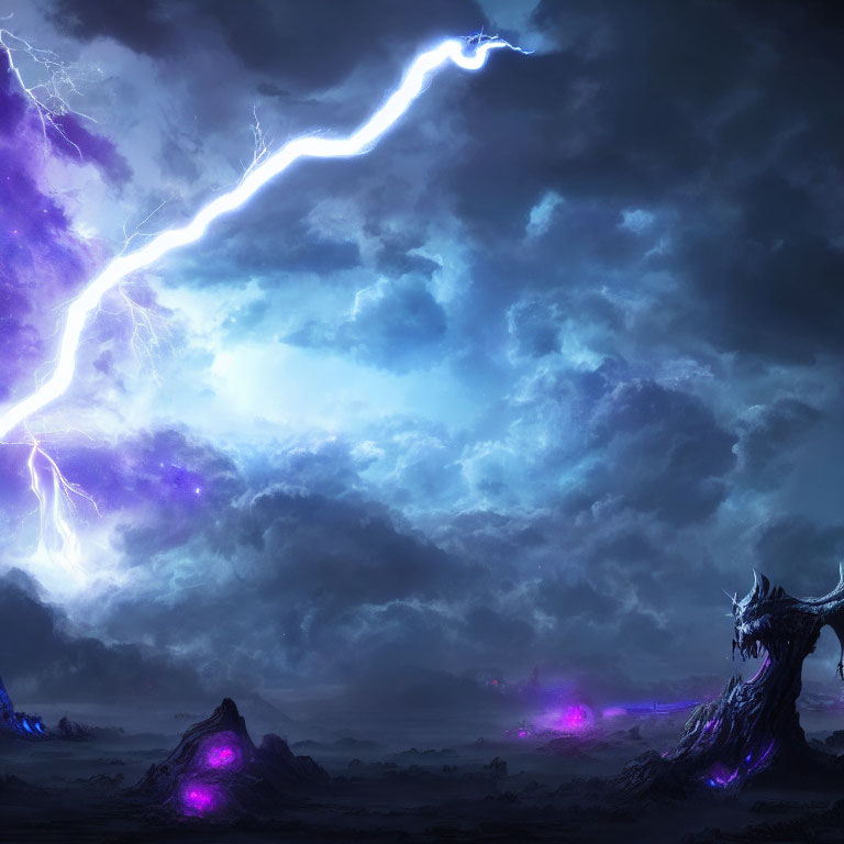 Dramatic fantasy landscape with stormy sky and eerie glowing elements