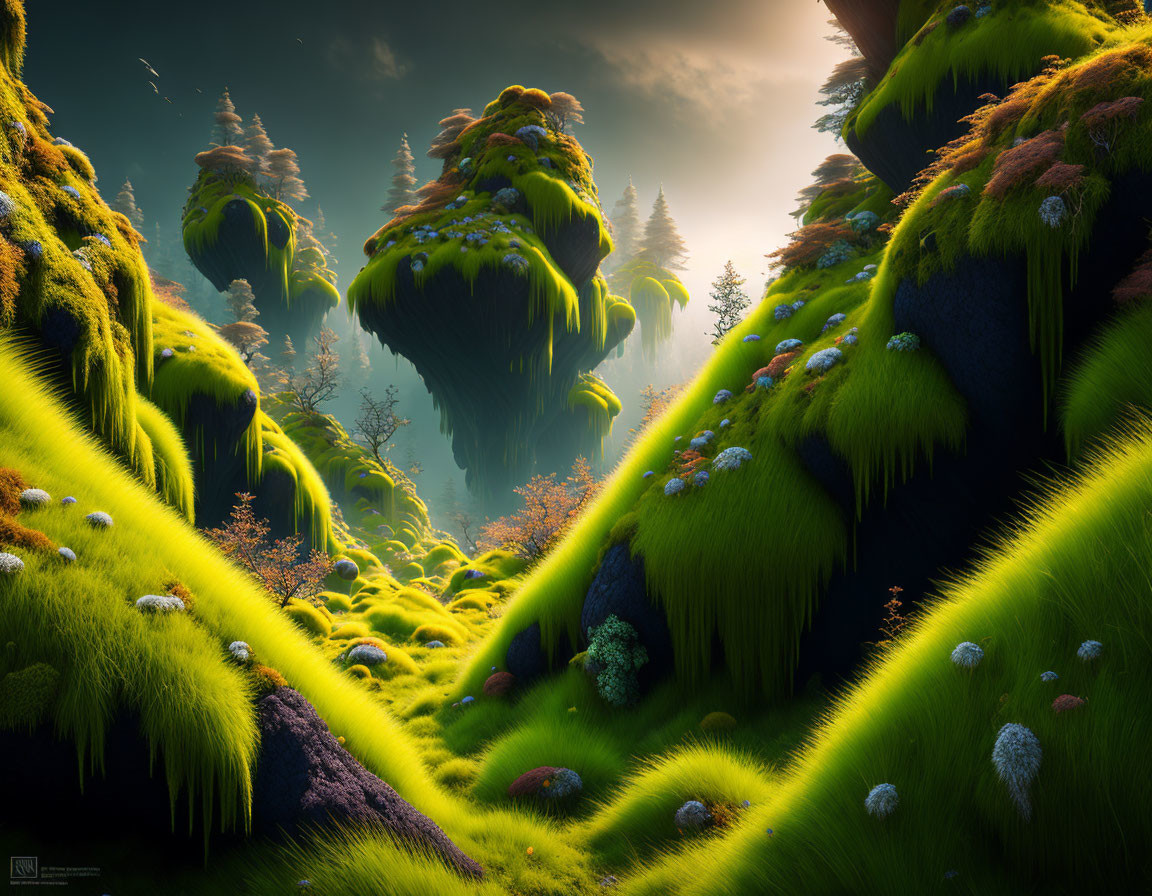 Vibrant mossy cliffs and whimsical trees in mystical landscape