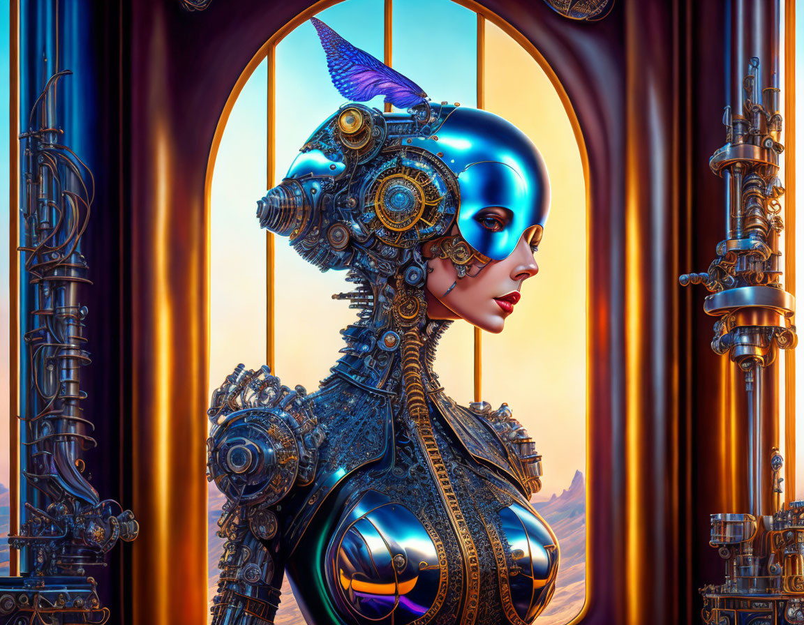 Blue-headed female robot with bird motif against golden landscape and ornate window