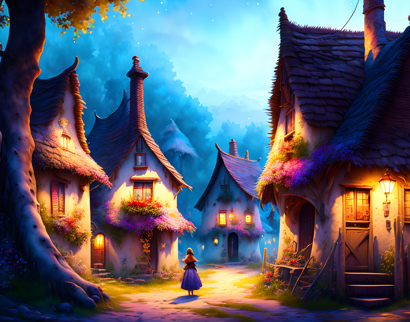Twilight scene of whimsical village with thatched-roof cottages and blooming flowers