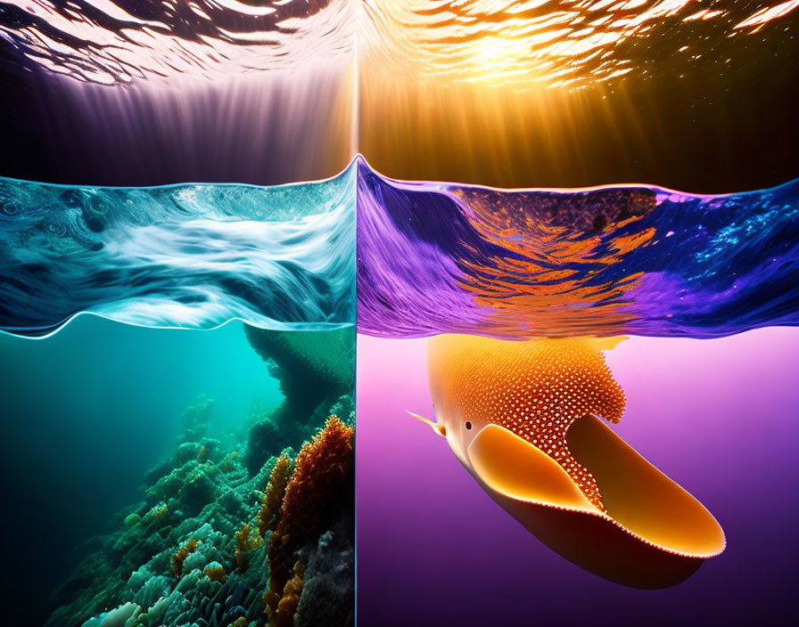 Composite Image: Coral Reef and Squid Underwater Scenery