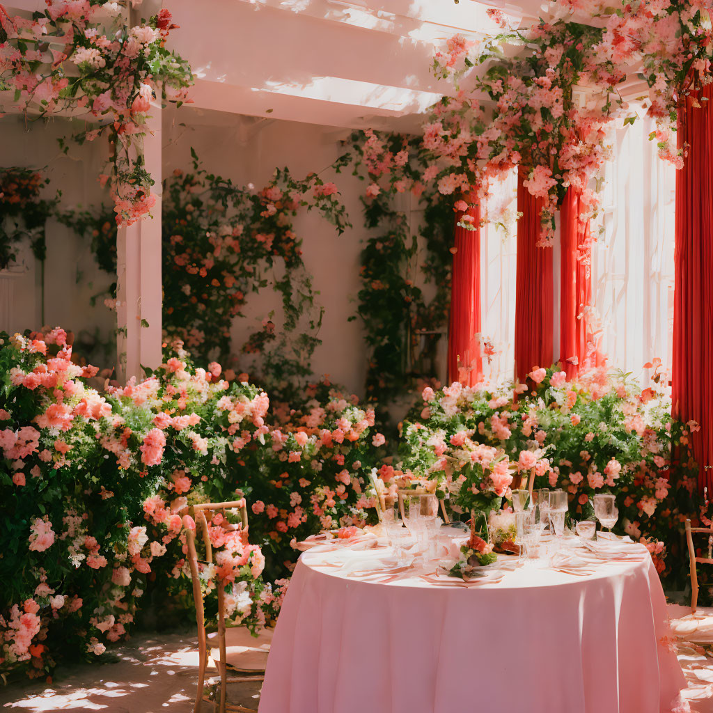 Floral-themed dining setup with pink tablecloths and roses