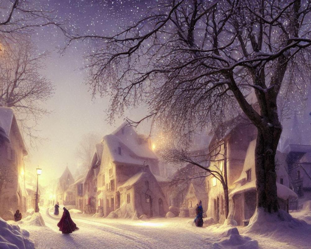 Snowy Evening in Quaint Village with People in Period Clothing