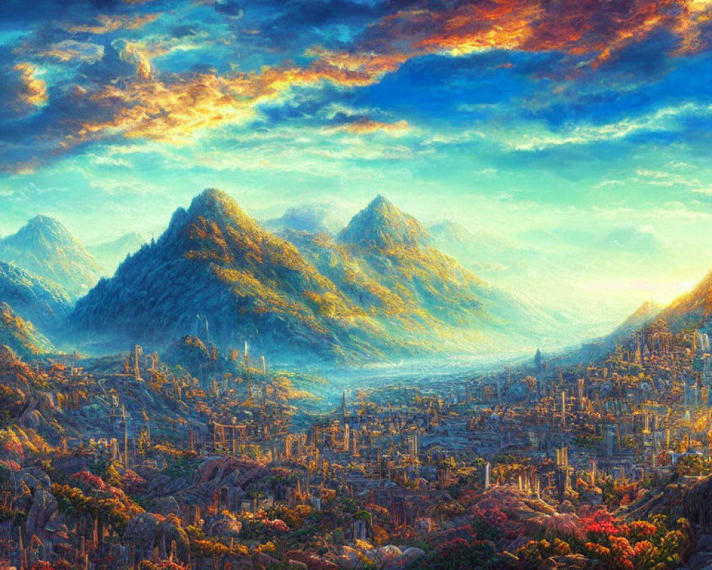 Fantastical landscape with ancient city in lush mountains
