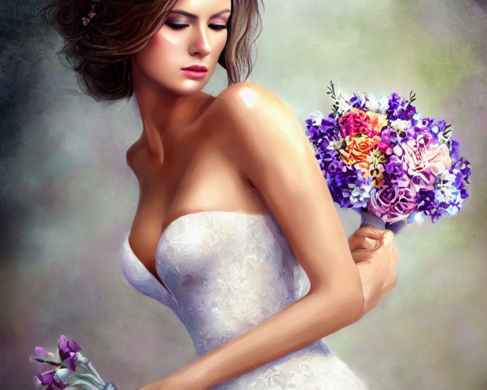 Bride in white gown with vibrant bouquet and floral hair accessories
