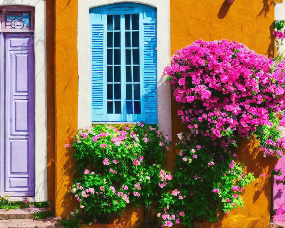 Colorful Scene: Purple Door, Blue Window, Pink Bougainvillea, Orange Wall