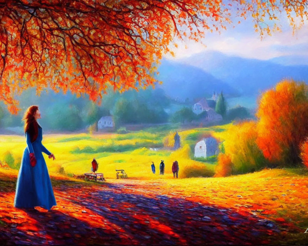 Woman in Blue Dress Under Autumn Tree in Picturesque Rural Landscape