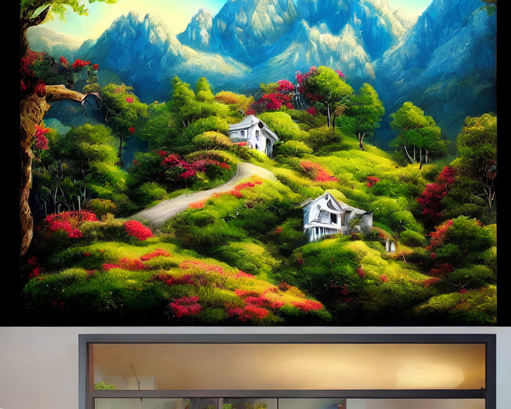 Colorful Landscape Painting with Mountains, Flora, and Houses on Shelf