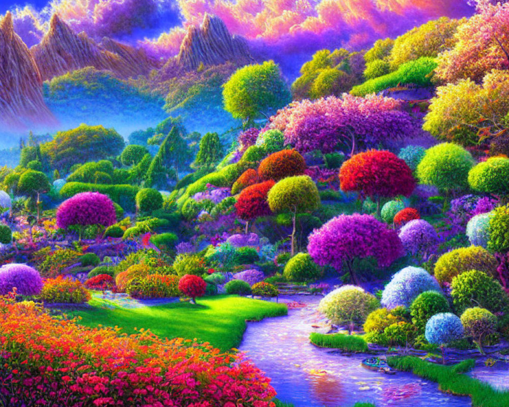 Colorful Landscape with Gardens, River, Mountains, and Sunset Sky