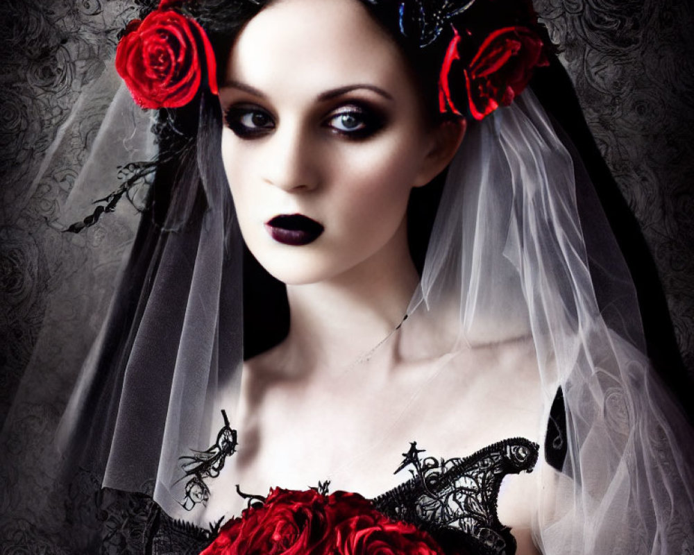 Portrait of woman with pale skin, dark makeup, floral headpiece, red rose dress against grey background
