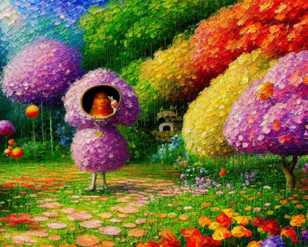 Colorful Impressionist Painting of Person in Floral Costume in Rainy Garden