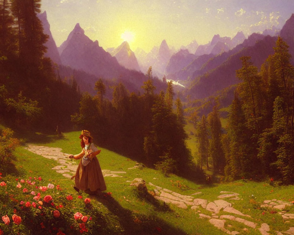 Girl in Dress Picking Flowers in Forest Path at Sunset