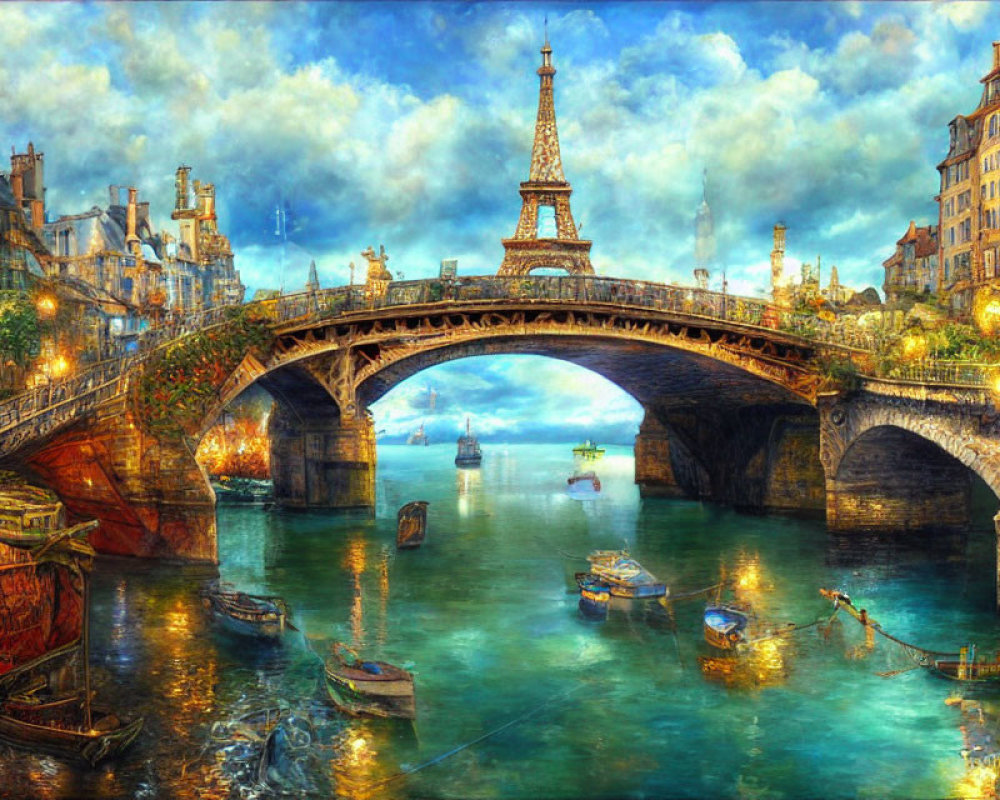 Parisian Scene with Seine River Bridge, Street Lamps, Boats, and Eiffel
