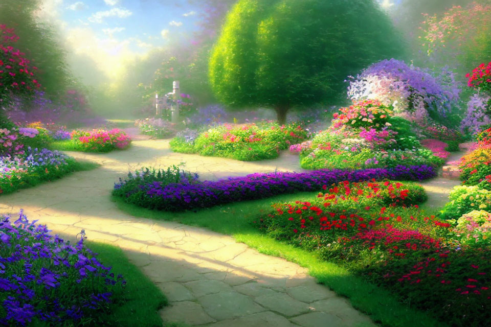 Tranquil Garden with Vibrant Flowers and Winding Pathways