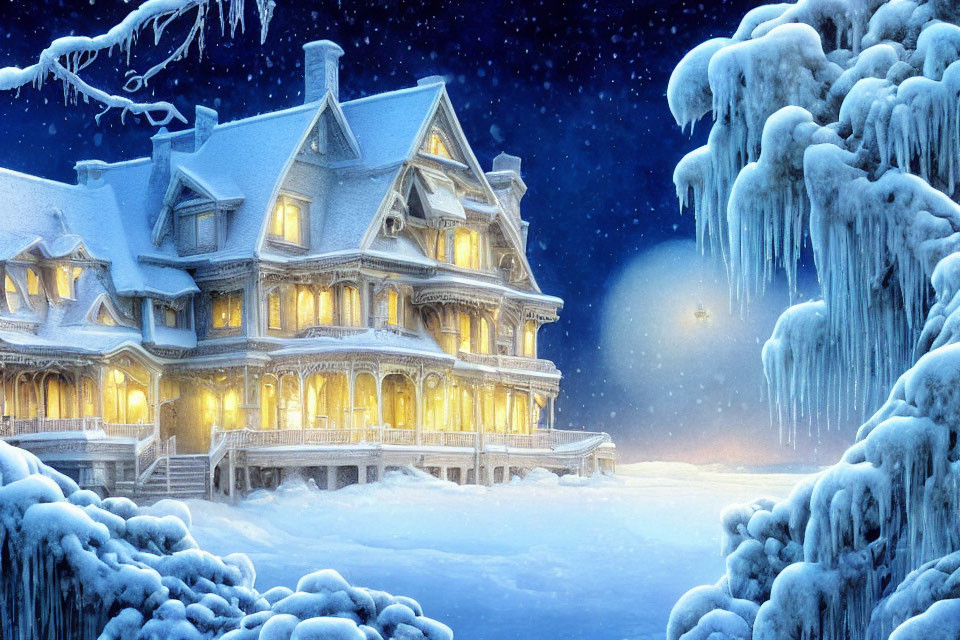 Victorian house in snow with icicles on trees at night