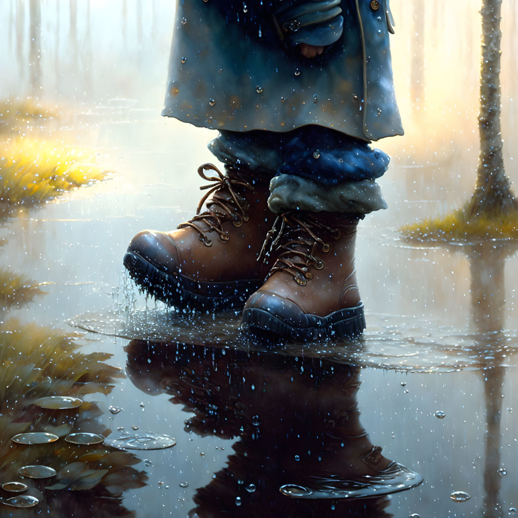 Person in cape and boots standing in puddle with raindrops and misty forest backdrop