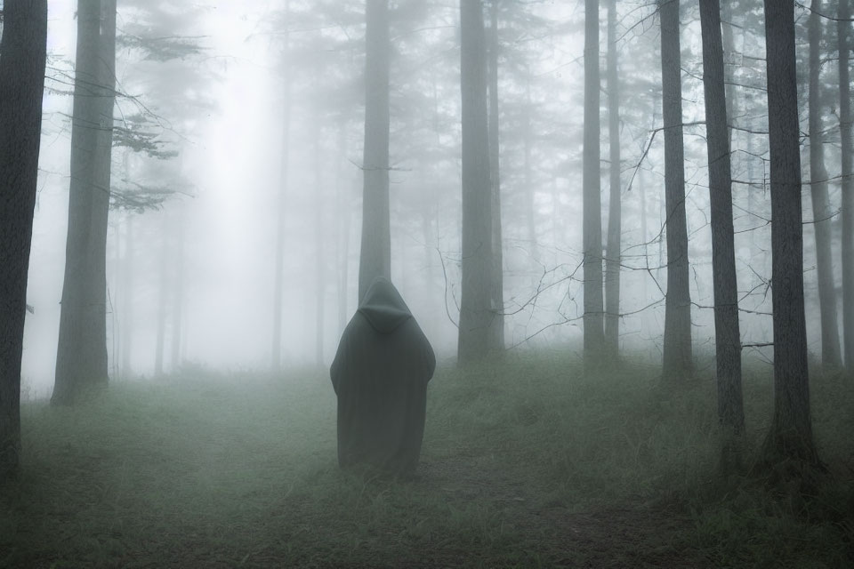 Mysterious cloaked figure in misty forest path