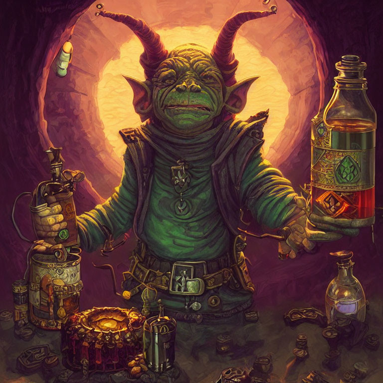 Green goblin with potion bottle, candles, vials, and teapot in mystical scene