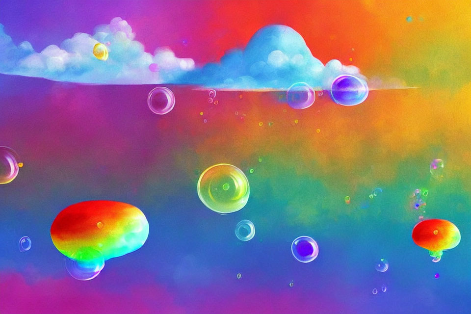 Colorful surreal sky with floating bubbles in digital artwork