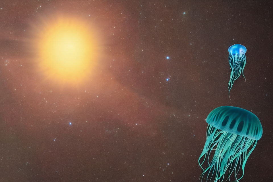 Bright sun and glowing jellyfish in surreal cosmic scene