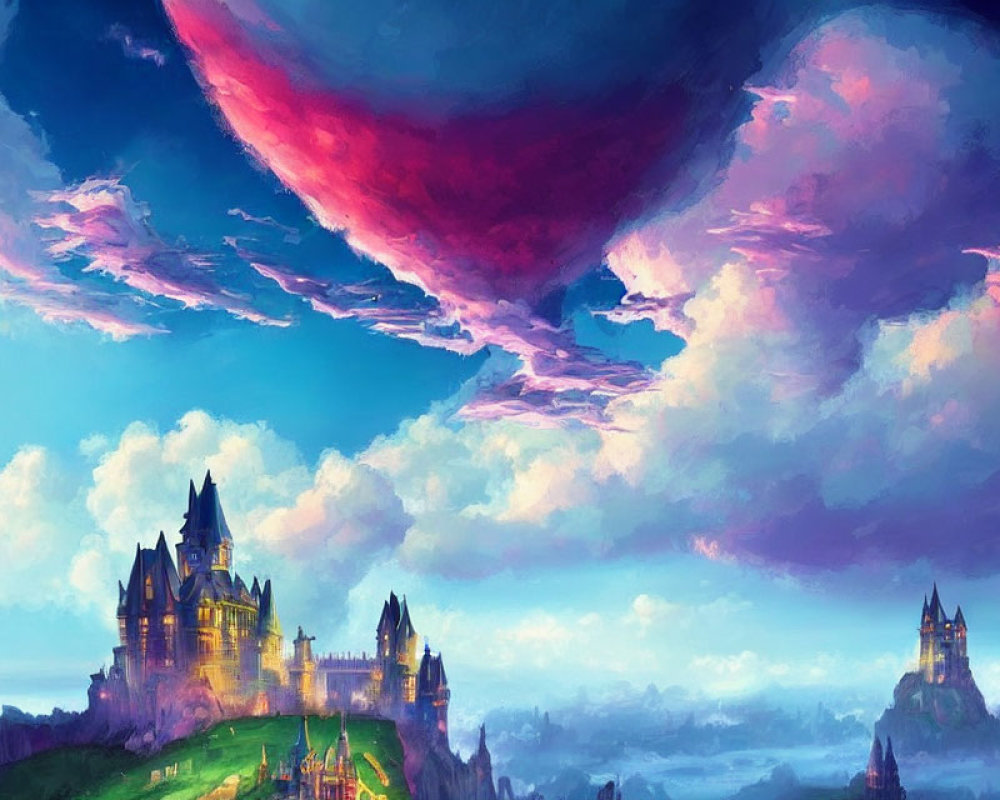 Digital painting of majestic castle on hill under vibrant sky