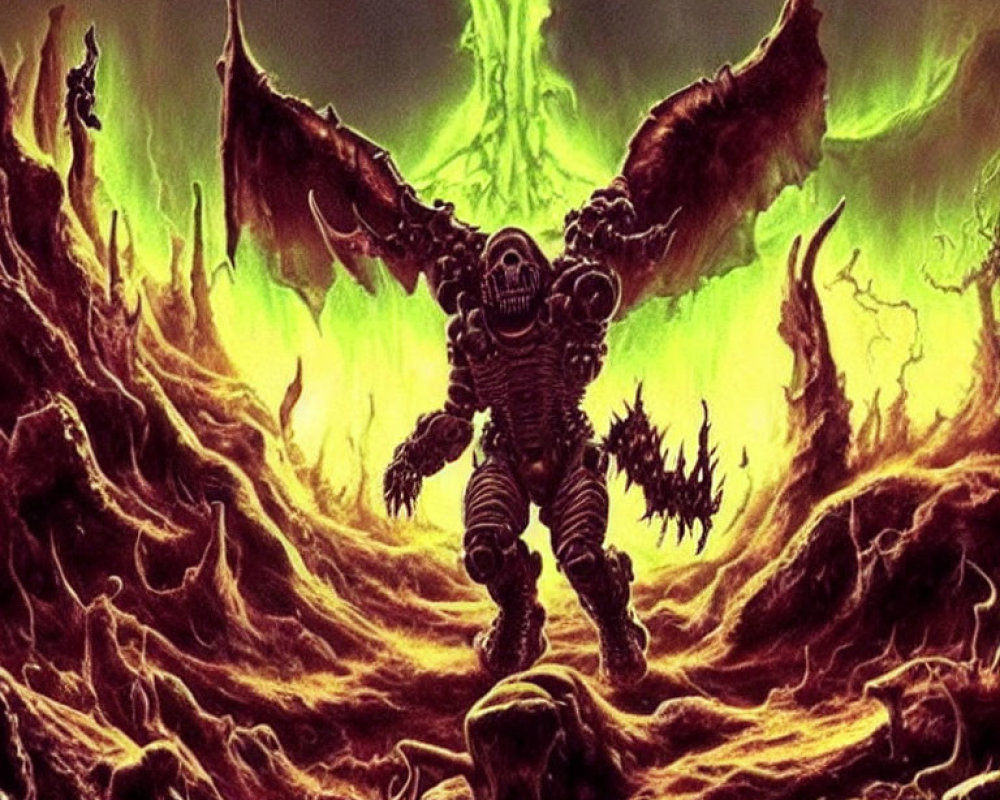 Armored winged figure in fiery hellscape with eerie green light