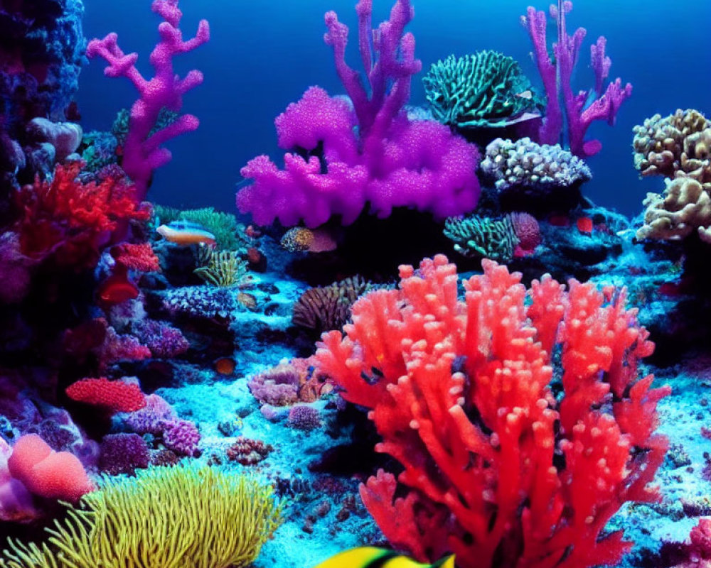 Colorful Underwater Scene with Pink and Purple Corals and Yellow Fish