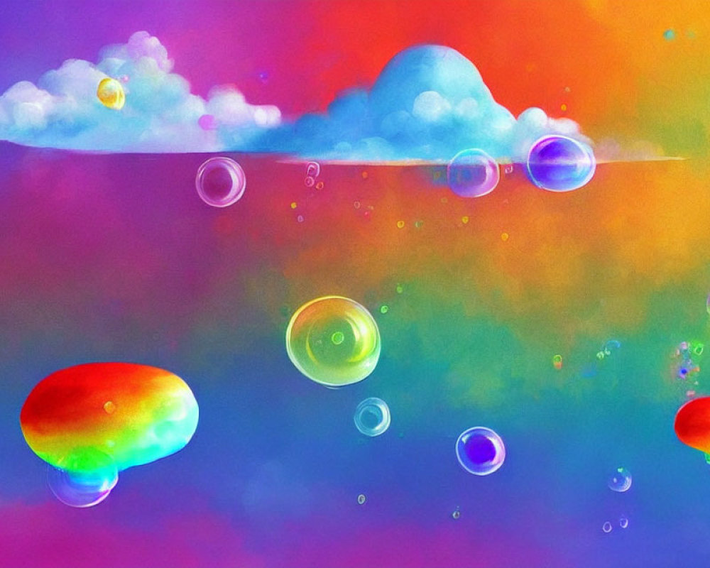 Colorful surreal sky with floating bubbles in digital artwork