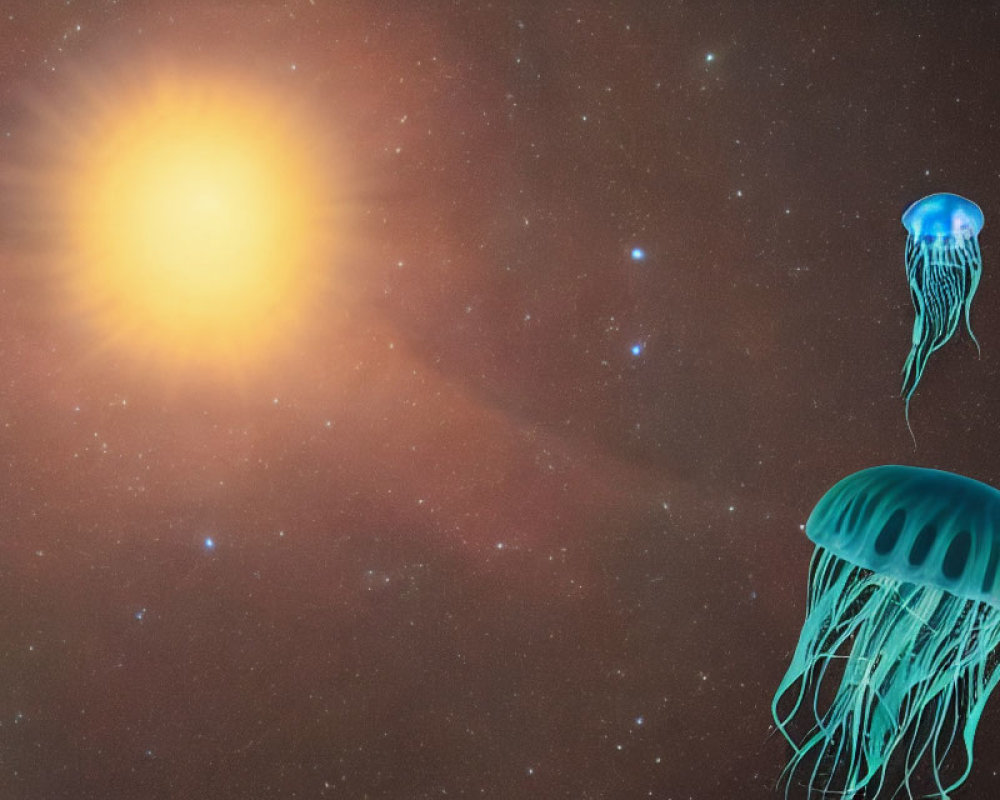 Bright sun and glowing jellyfish in surreal cosmic scene
